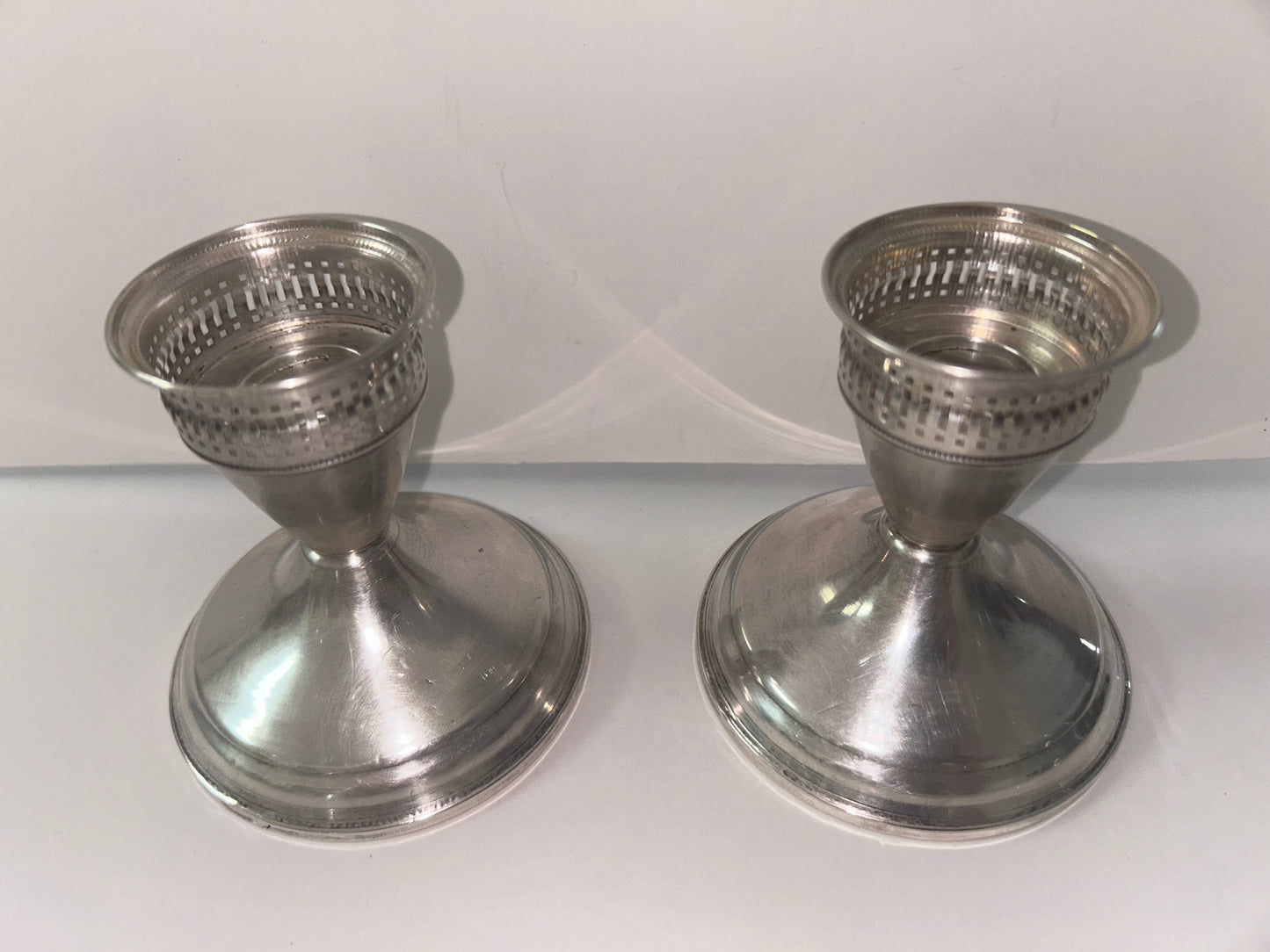 Vintage Duchin Creation Sterling Silver Weighted Candlestick with Etched Glass Hurricane Shades