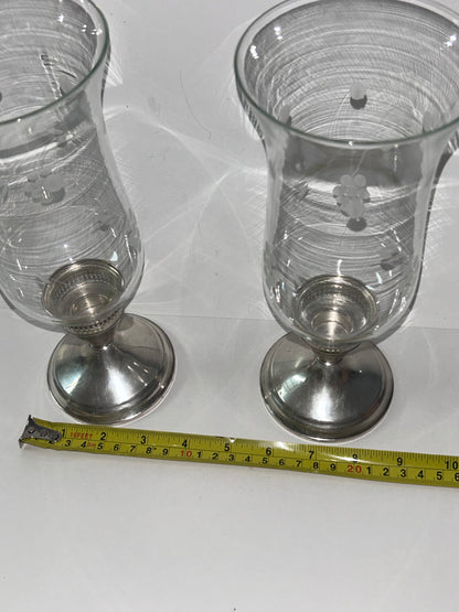 Vintage Duchin Creation Sterling Silver Weighted Candlestick with Etched Glass Hurricane Shades