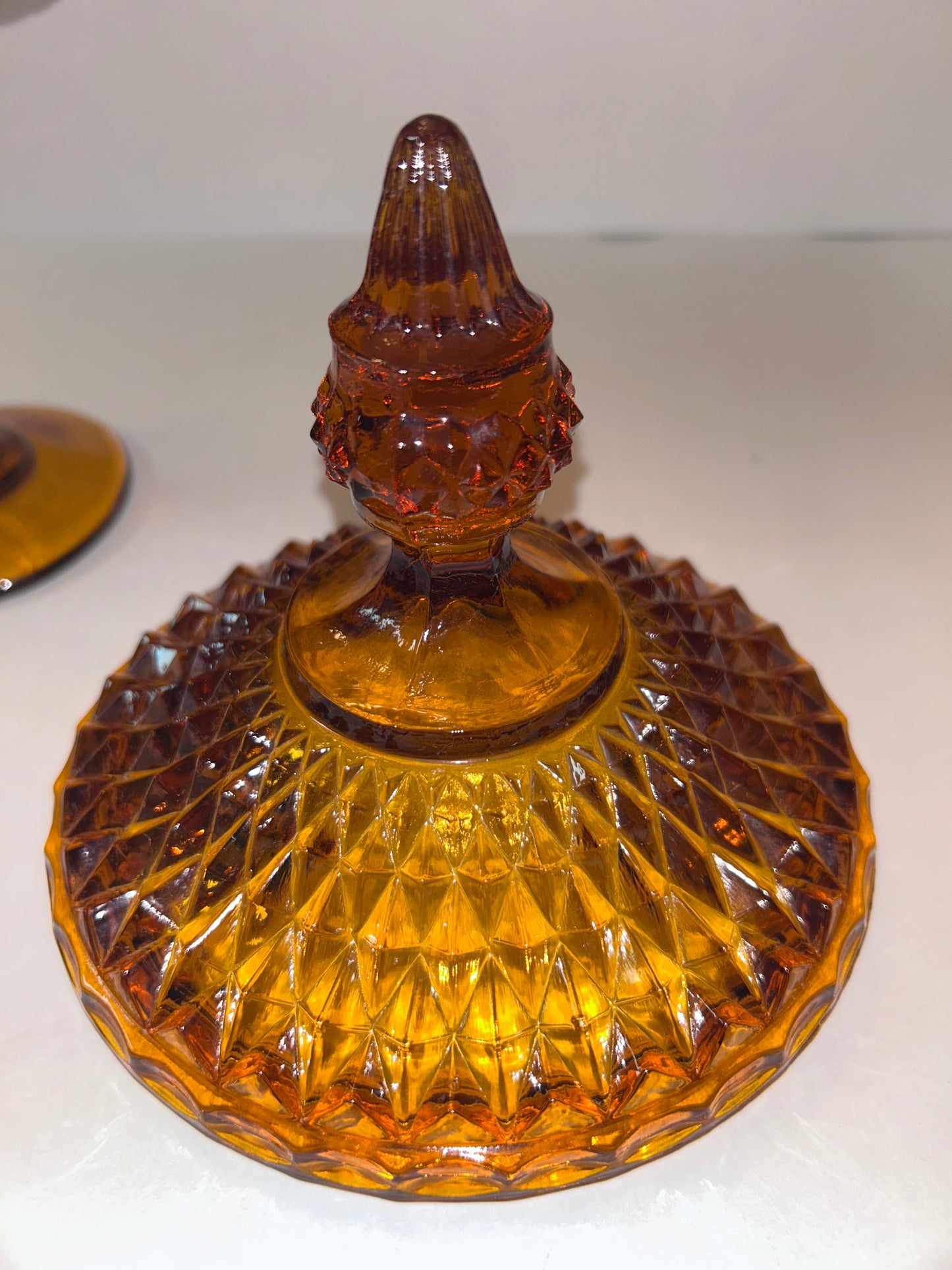 Vintage Amber Diamond Point Glass Candy Dish with Gold Trim