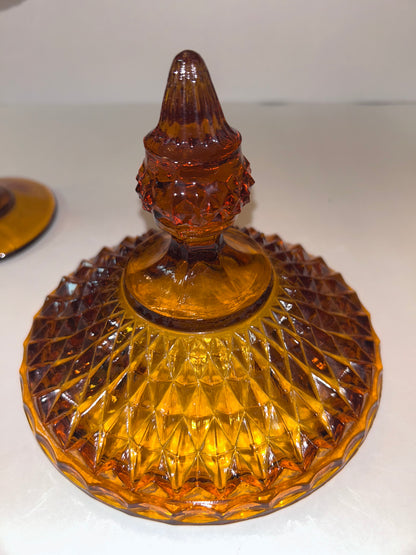 Vintage Amber Diamond Point Glass Candy Dish with Gold Trim