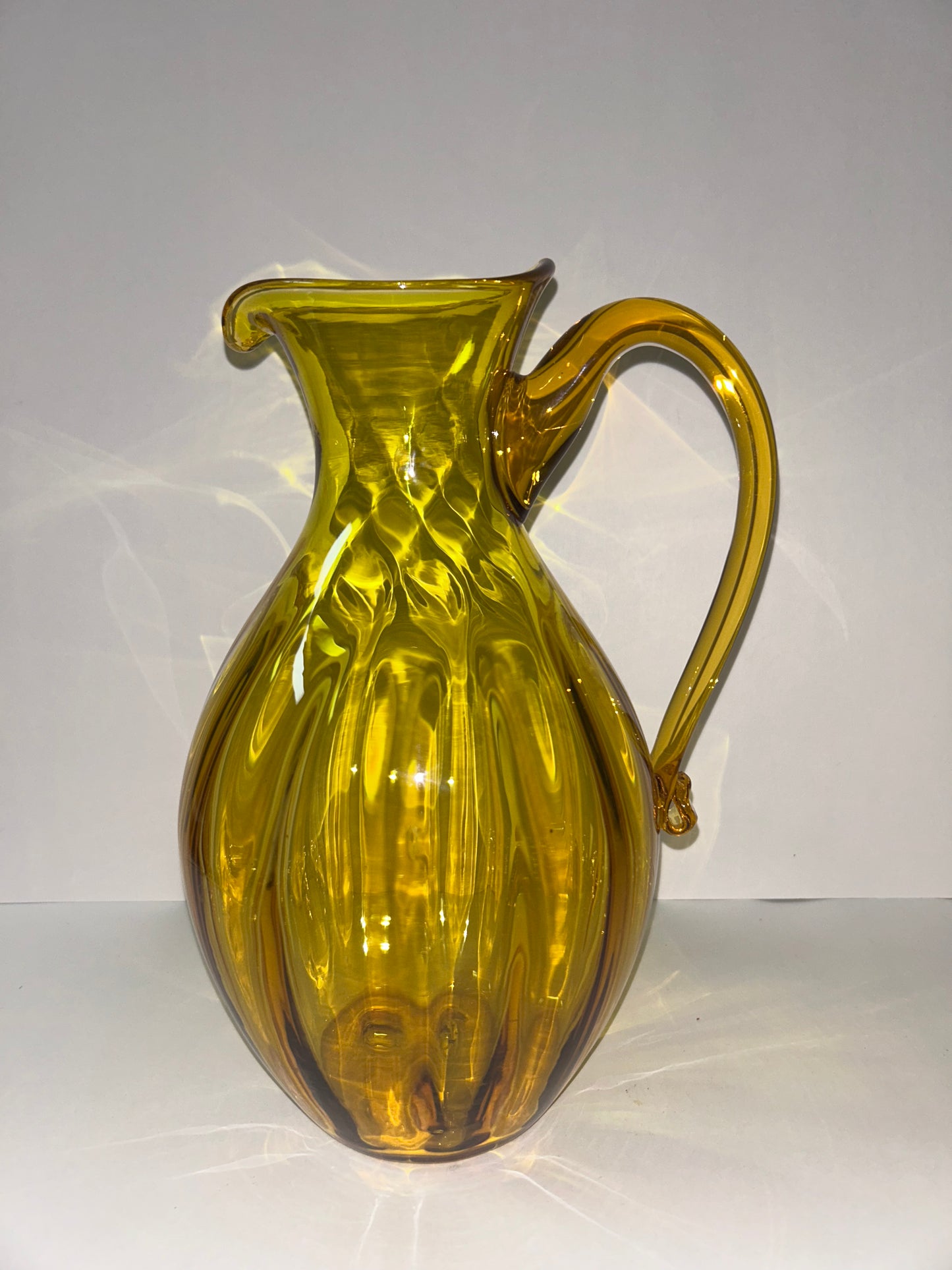 Vintage Blenko Light Amber Art Glass Pitcher with Fluted Ribs