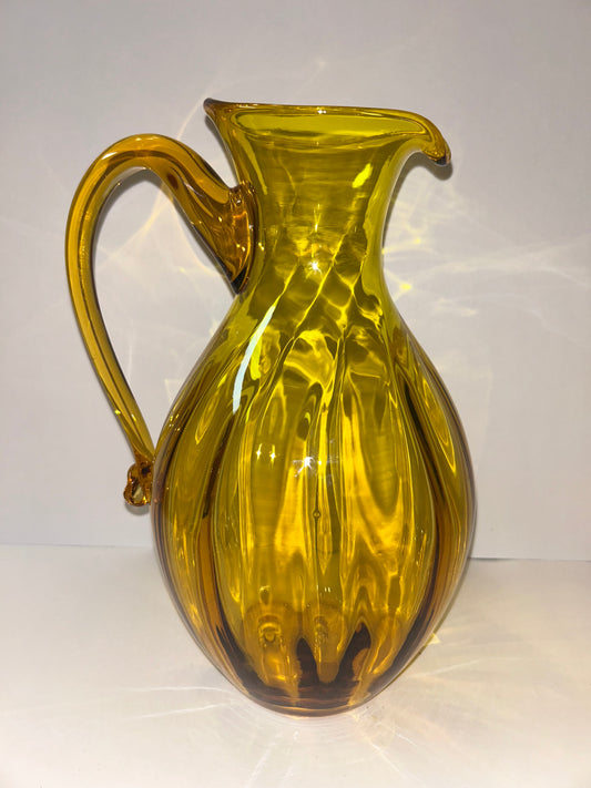 Vintage Blenko Light Amber Art Glass Pitcher with Fluted Ribs