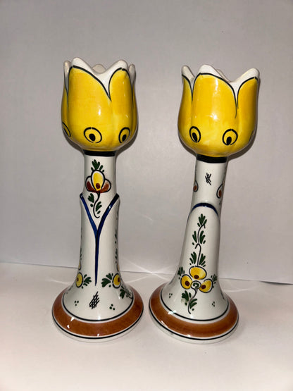 Unique Set Hand-Painted Yellow Tulip Delftware Candle Holders