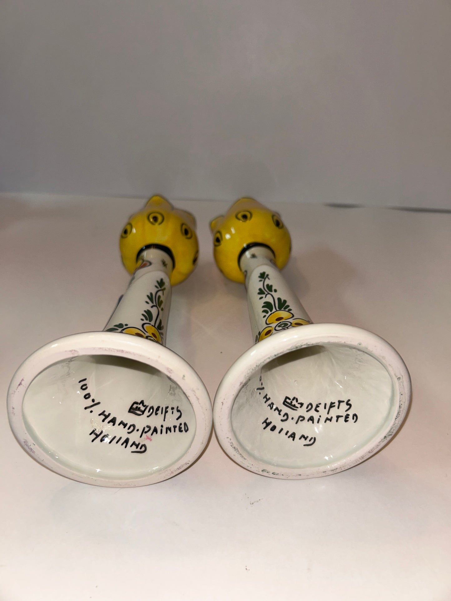Unique Set Hand-Painted Yellow Tulip Delftware Candle Holders