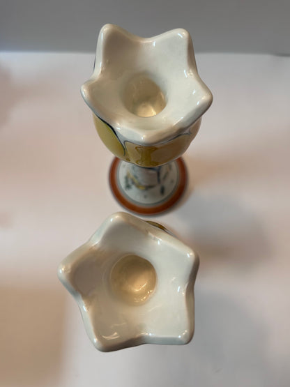 Unique Set Hand-Painted Yellow Tulip Delftware Candle Holders