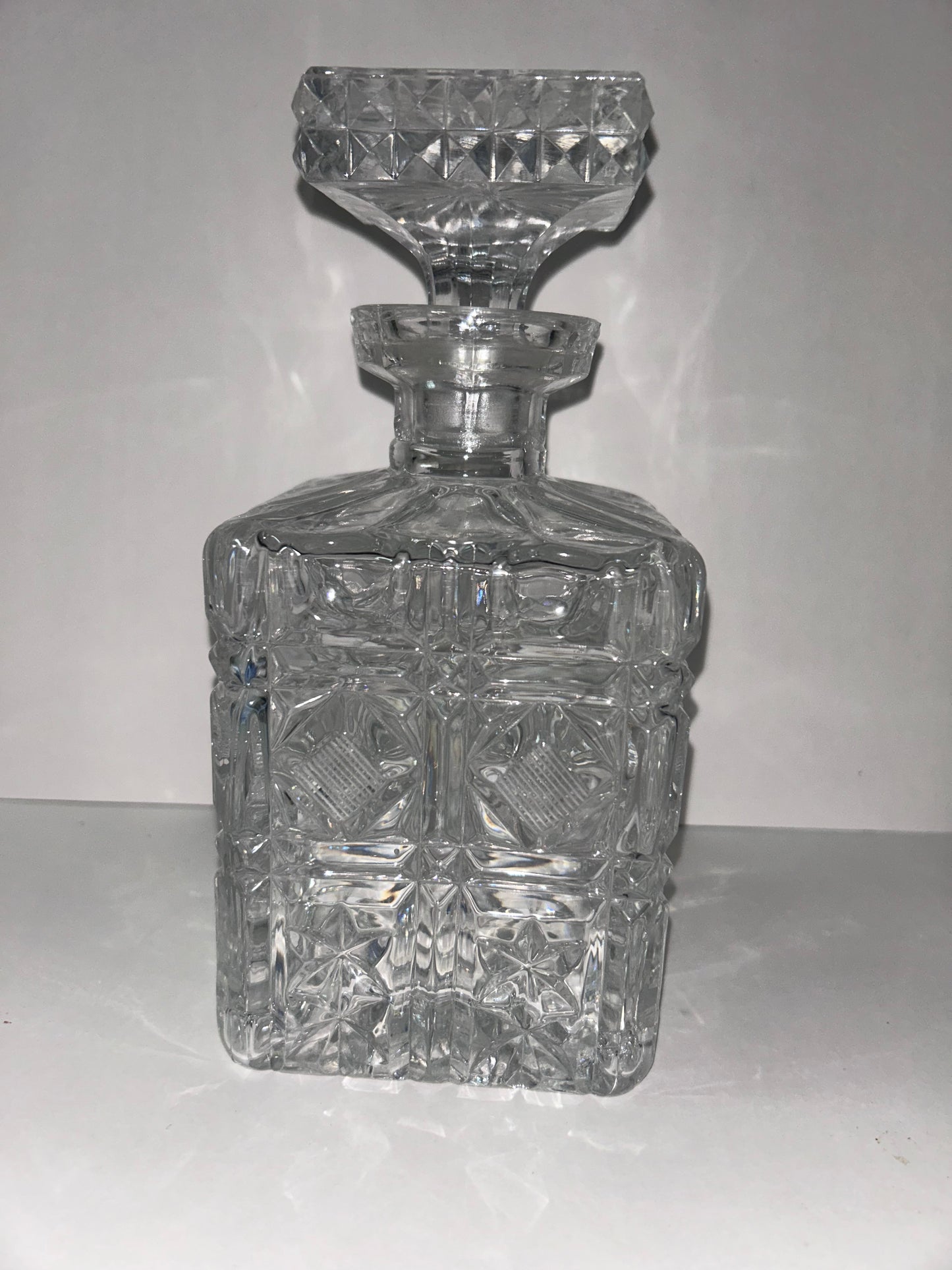 Etched Glass Decanter with Stopper Square Diamond Hand Cut