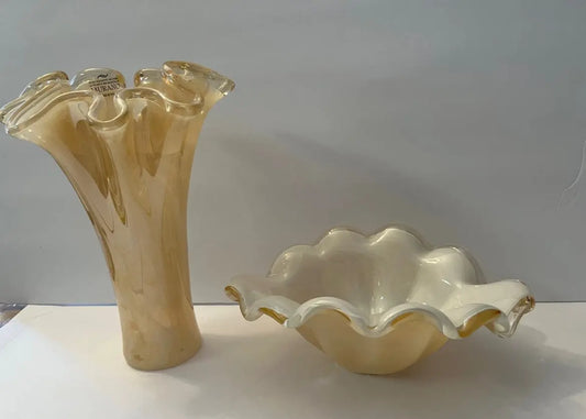 Murano Italian Hand-Blown Ruffled Vase and Centerpiece Dish Set - Finest Antique