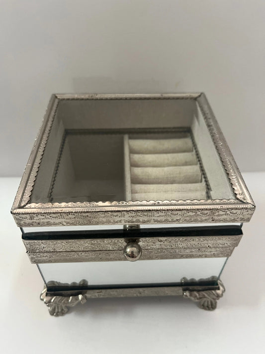 Nicole Miller Beveled Glass Antiqued Mirror Jewelry Box - Finest Antique