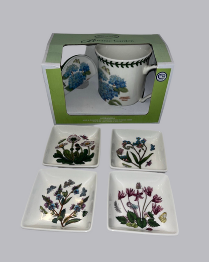 Portmeirion Botanic Garden Hydrangea Mug and Coaster Set with 4 Mini Dipping Dishes - Finest Antique