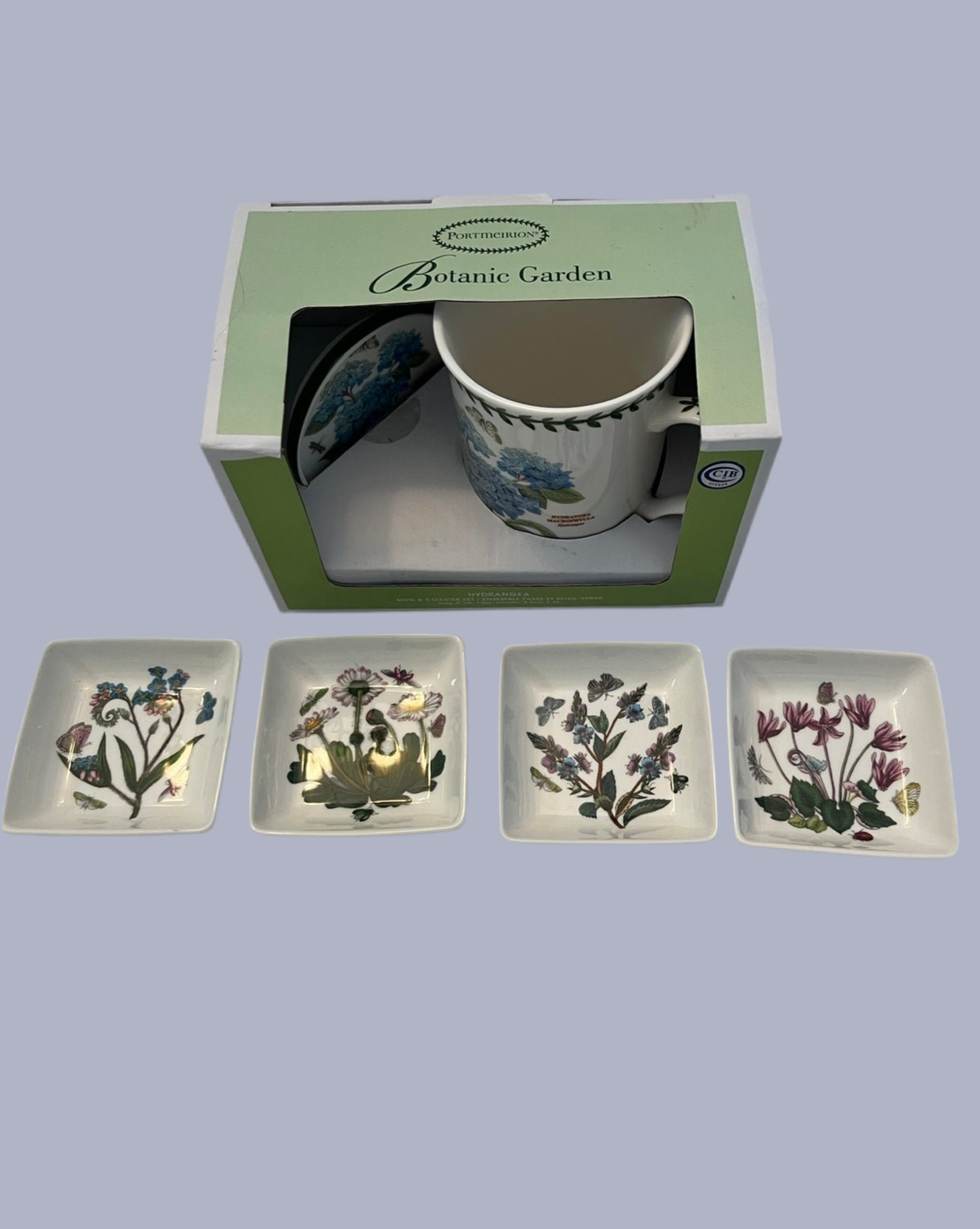 Portmeirion Botanic Garden Hydrangea Mug and Coaster Set with 4 Mini Dipping Dishes - Finest Antique