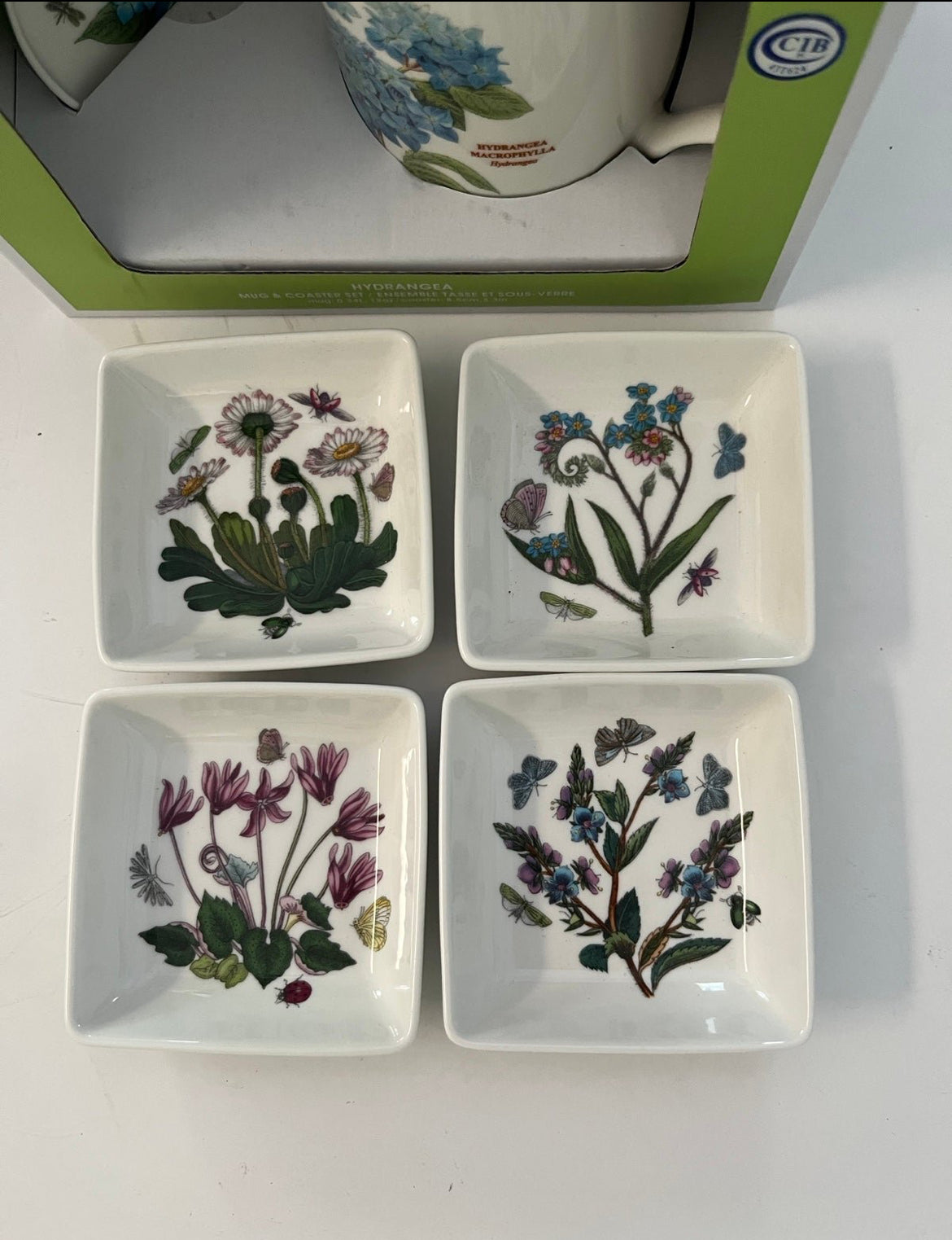 Portmeirion Botanic Garden Hydrangea Mug and Coaster Set with 4 Mini Dipping Dishes - Finest Antique