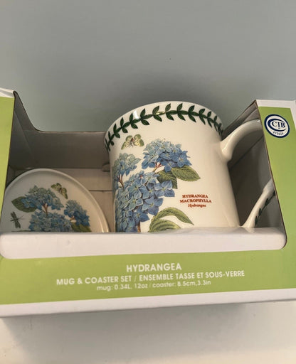 Portmeirion Botanic Garden Hydrangea Mug and Coaster Set with 4 Mini Dipping Dishes - Finest Antique