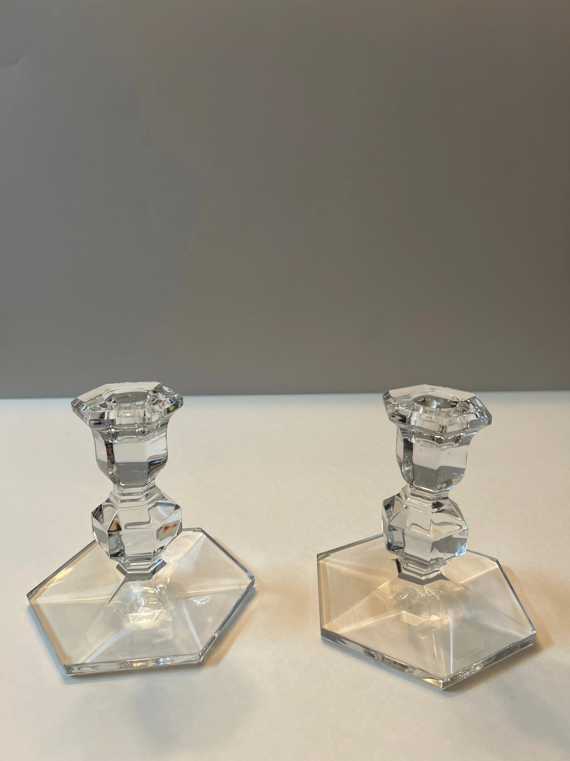 Val St. Lambert Crystal Hexagonal Candle Holders - Finest Antique