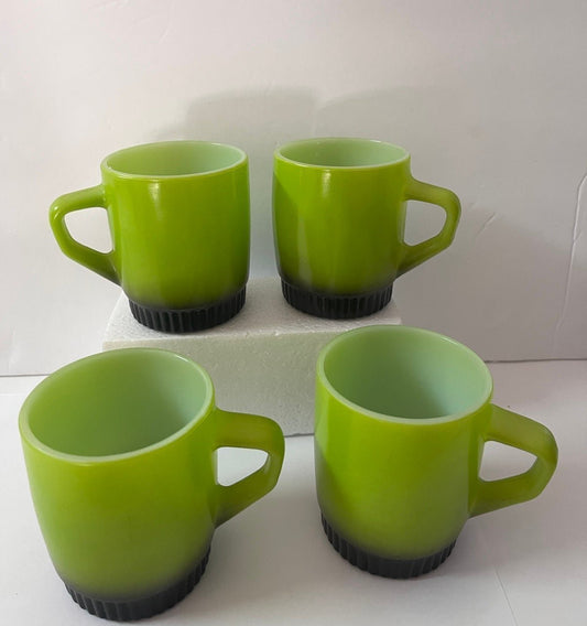Vintage 1960s Anchor Hocking Fire King Avocado Green Mugs with Black Ribbed Bottom - Finest Antique