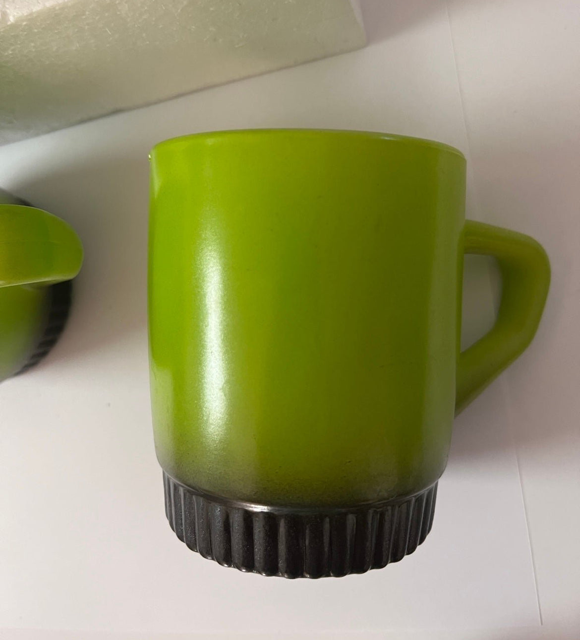 Vintage 1960s Anchor Hocking Fire King Avocado Green Mugs with Black Ribbed Bottom - Finest Antique