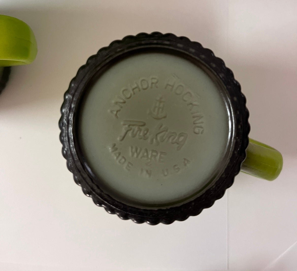 Vintage 1960s Anchor Hocking Fire King Avocado Green Mugs with Black Ribbed Bottom - Finest Antique
