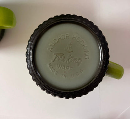 Vintage 1960s Anchor Hocking Fire King Avocado Green Mugs with Black Ribbed Bottom - Finest Antique