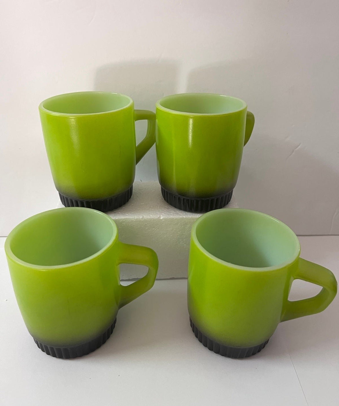 Vintage 1960s Anchor Hocking Fire King Avocado Green Mugs with Black Ribbed Bottom - Finest Antique
