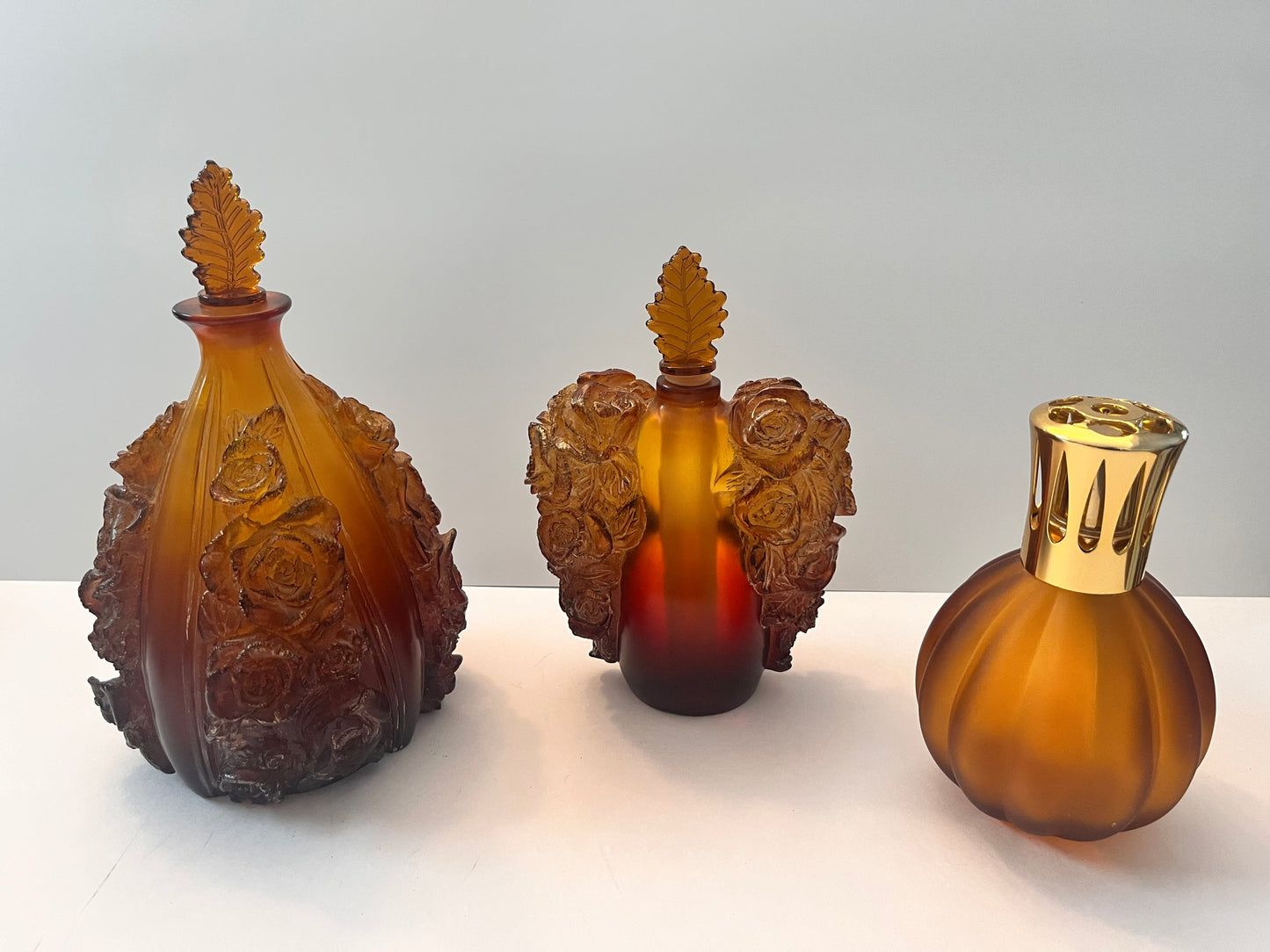 Vintage Amber Glass Perfume Bottles and Burner Set - Finest Antique