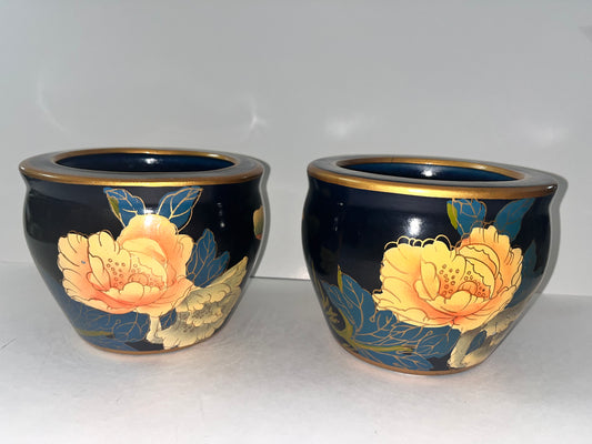 Vintage Asian Small Enameled Ceramic Planters - Finest Antique