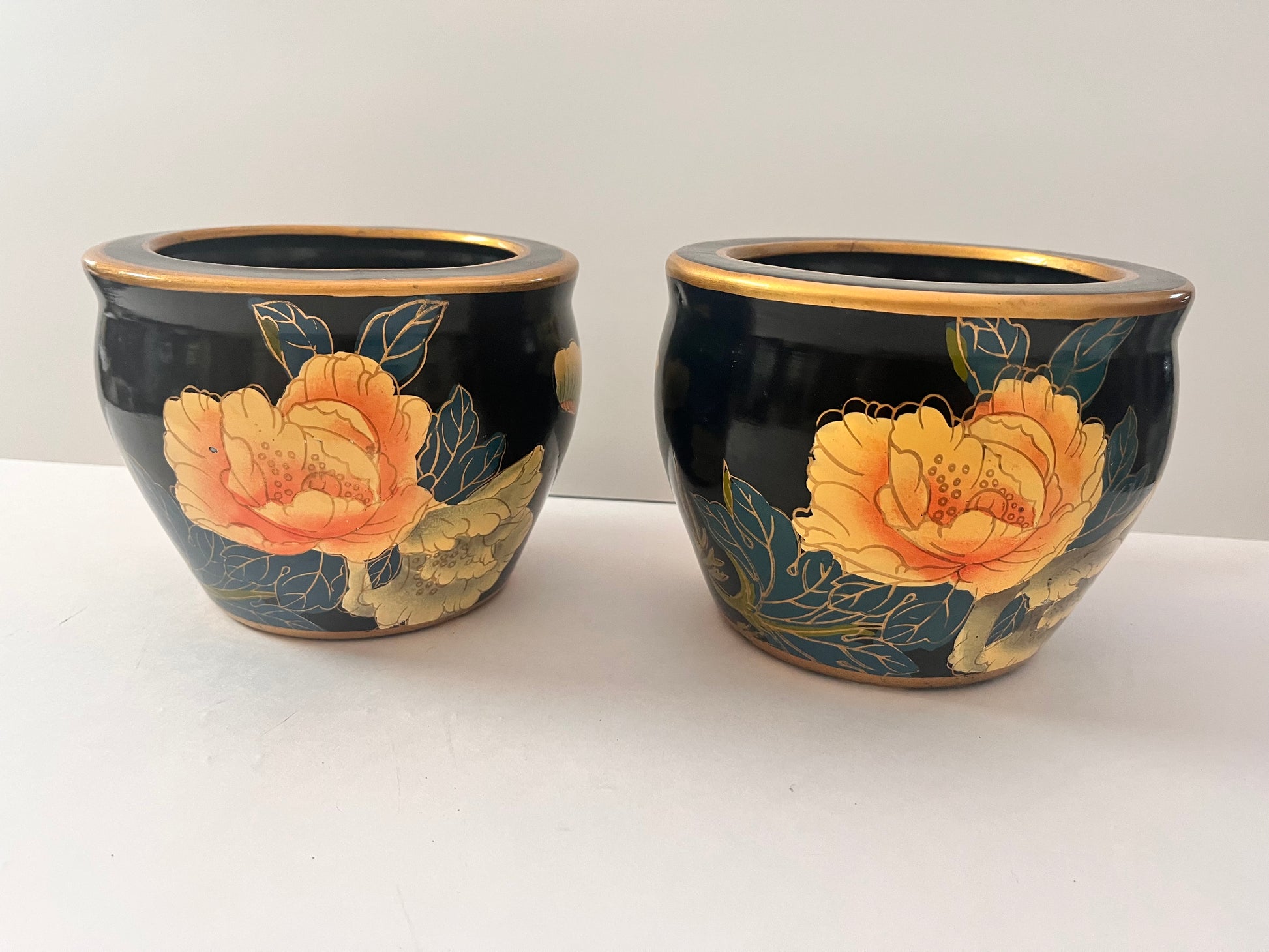 Vintage Asian Small Enameled Ceramic Planters - Finest Antique