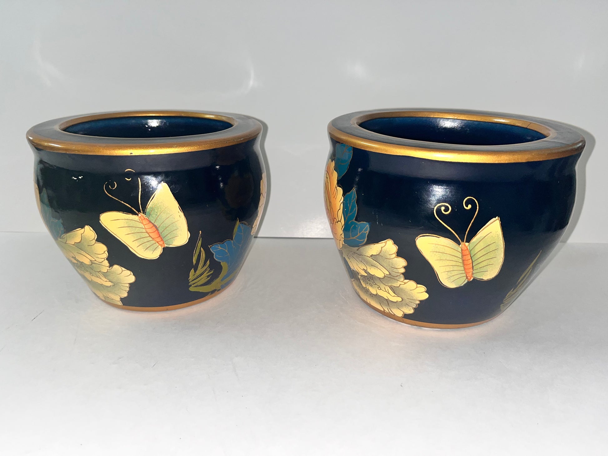 Vintage Asian Small Enameled Ceramic Planters - Finest Antique