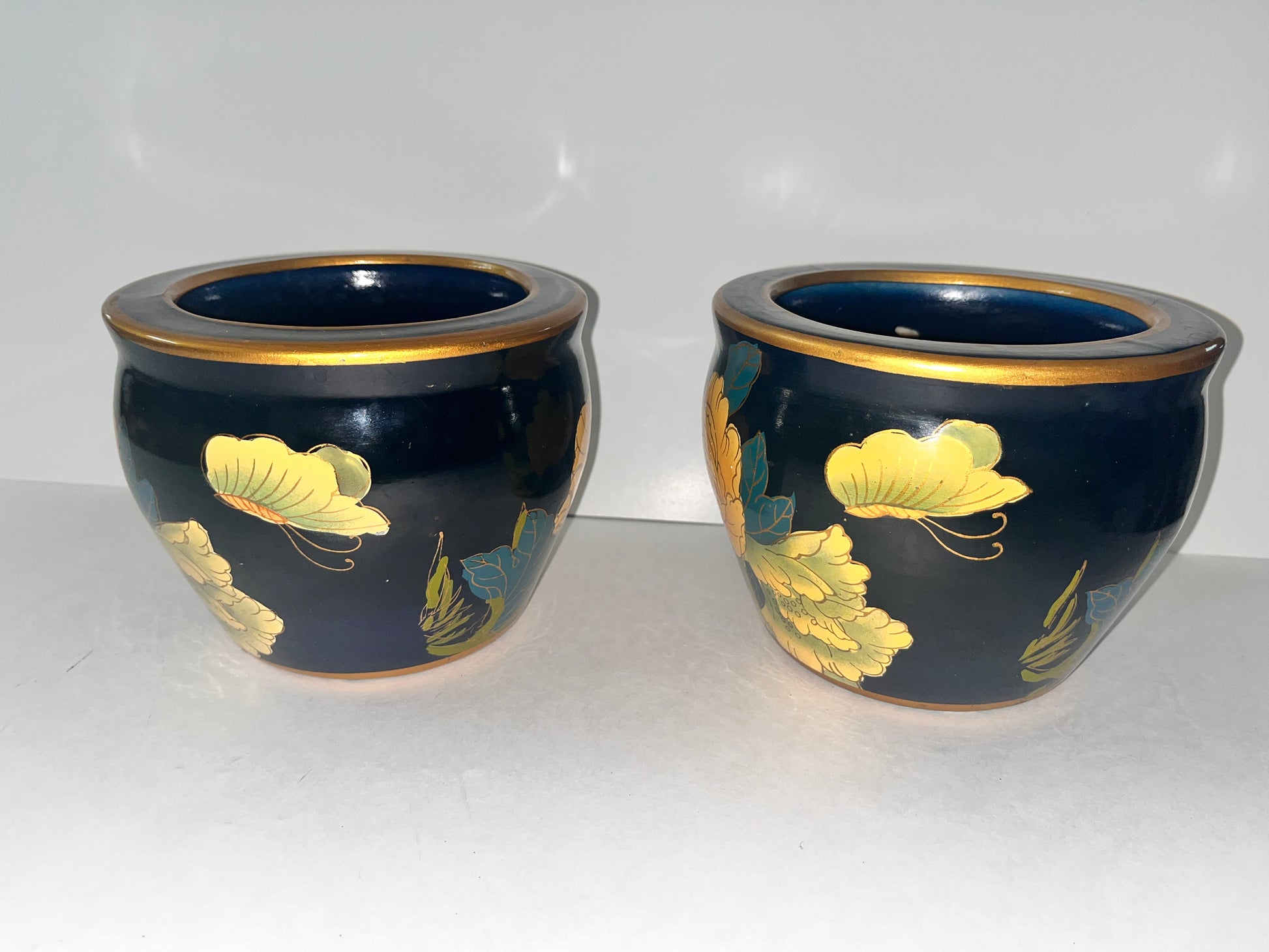 Vintage Asian Small Enameled Ceramic Planters - Finest Antique