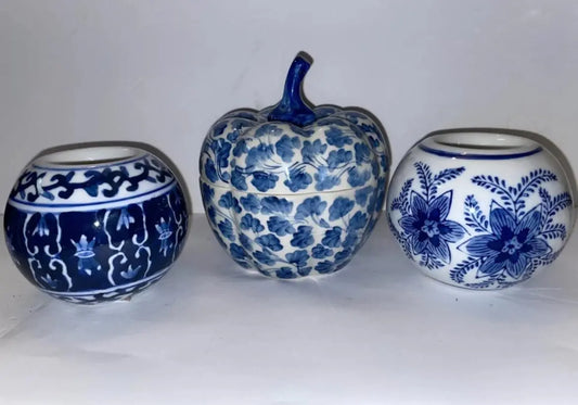 Vintage Blue and White  Pumpkin Porcelain Shaped Trinket Box and Candle Holders - Finest Antique
