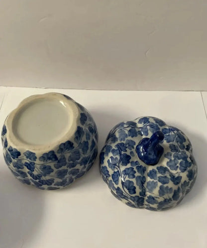 Vintage Blue and White  Pumpkin Porcelain Shaped Trinket Box and Candle Holders - Finest Antique