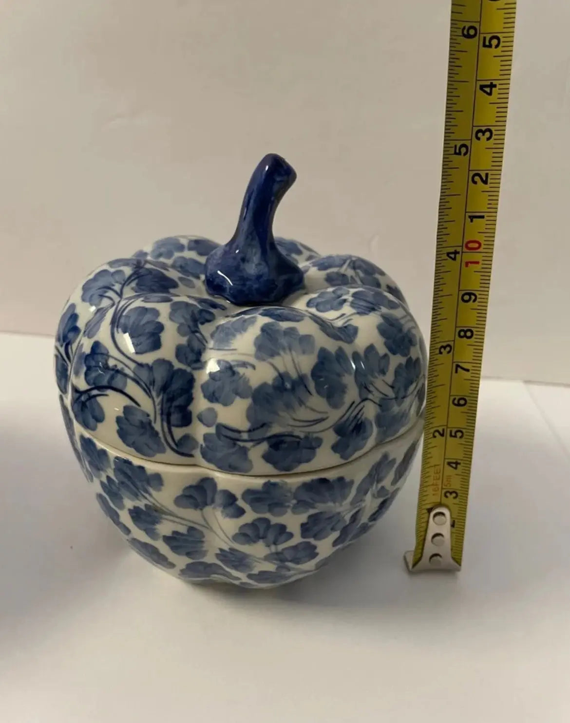 Vintage Blue and White  Pumpkin Porcelain Shaped Trinket Box and Candle Holders - Finest Antique