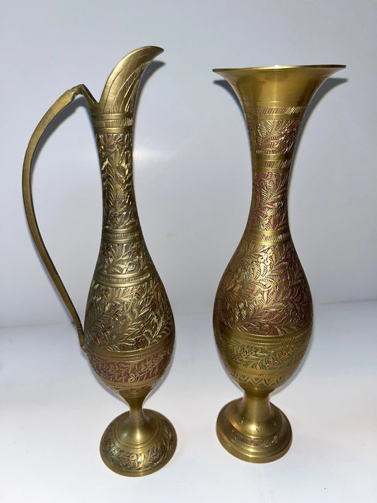 Vintage Brass Pitcher and Vase Set - Finest Antique