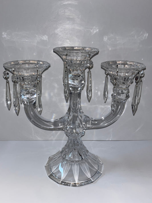 Vintage Crystal Candelabra with Hanging Crystal Prisms and Cut Crystal Detailing - Finest Antique