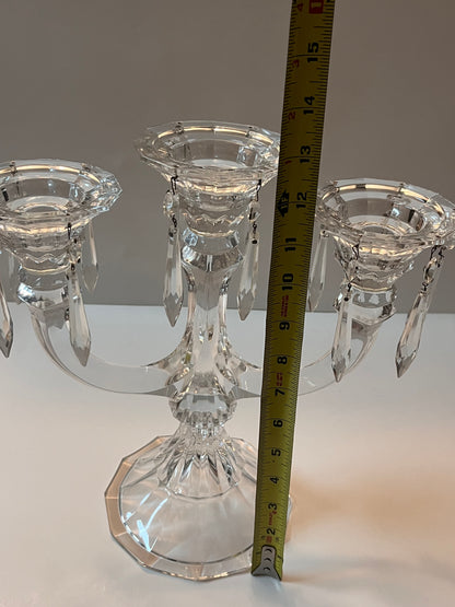 Vintage Crystal Candelabra with Hanging Crystal Prisms and Cut Crystal Detailing - Finest Antique