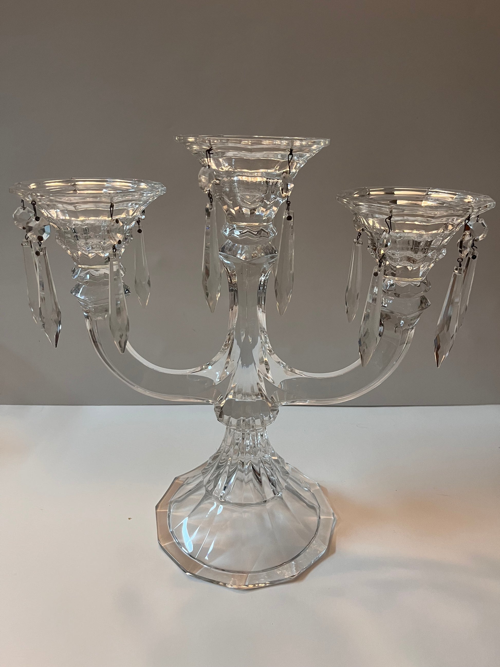 Vintage Crystal Candelabra with Hanging Crystal Prisms and Cut Crystal Detailing - Finest Antique