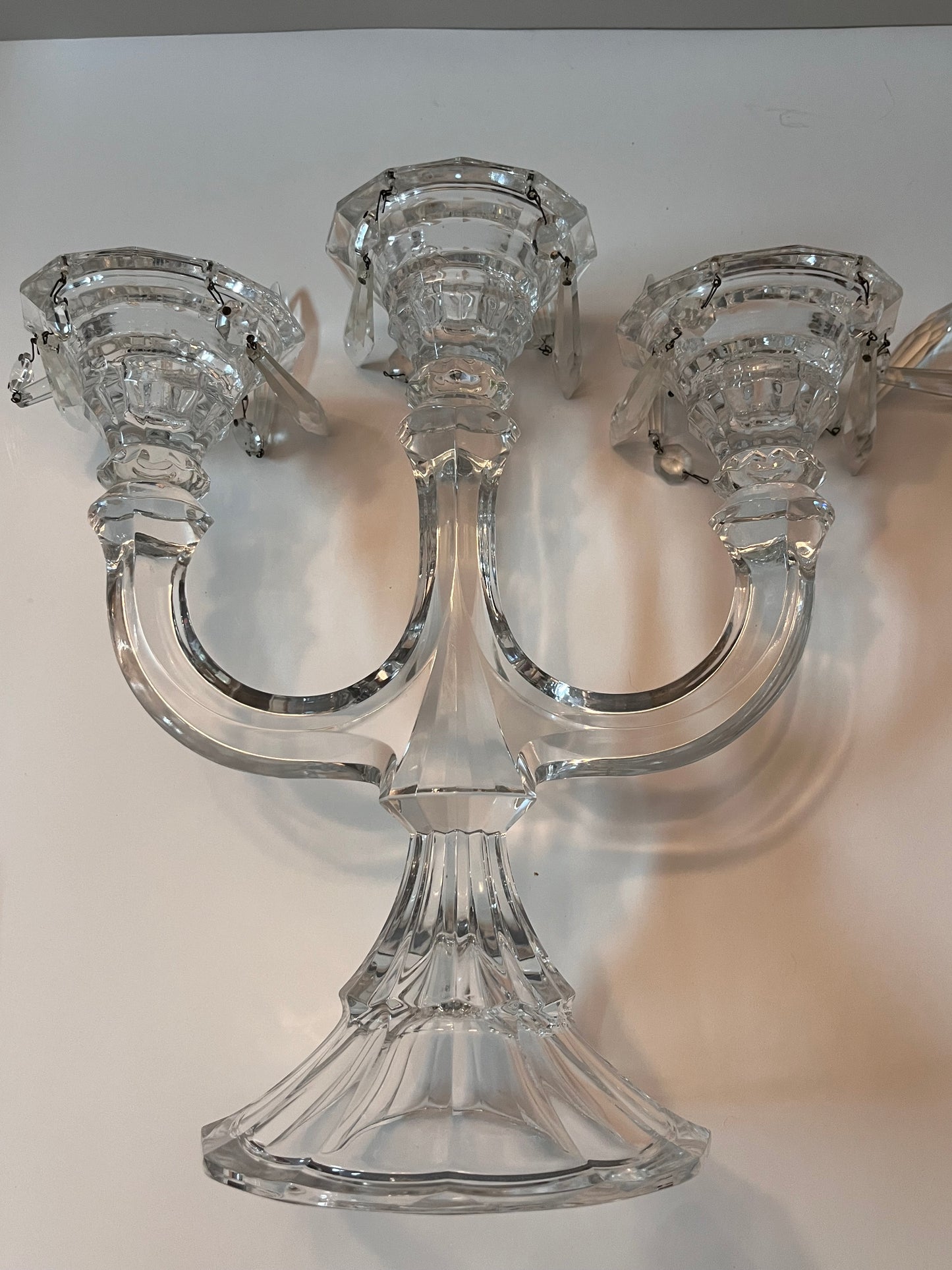 Vintage Crystal Candelabra with Hanging Crystal Prisms and Cut Crystal Detailing - Finest Antique