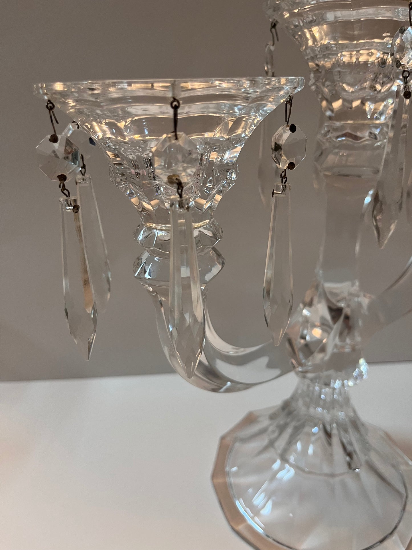 Vintage Crystal Candelabra with Hanging Crystal Prisms and Cut Crystal Detailing - Finest Antique