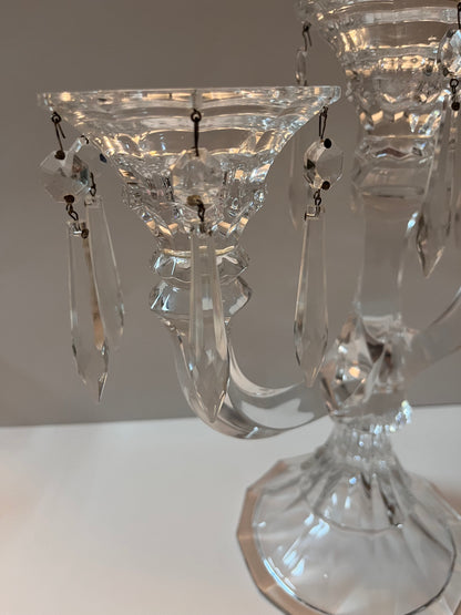 Vintage Crystal Candelabra with Hanging Crystal Prisms and Cut Crystal Detailing - Finest Antique