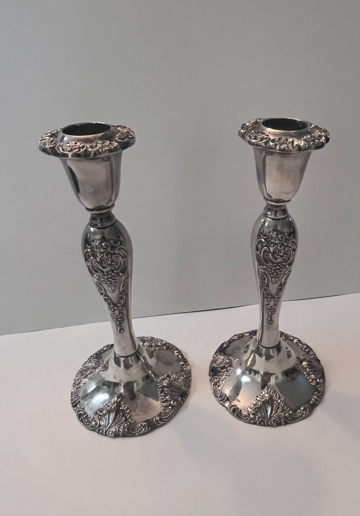 Vintage Godinger Silver-Plated Candlesticks with Floral Design - Finest Antique