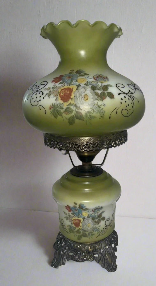 Vintage Green Floral Hurricane GWTW by Accurate Casting Green Table Lamp - Finest Antique