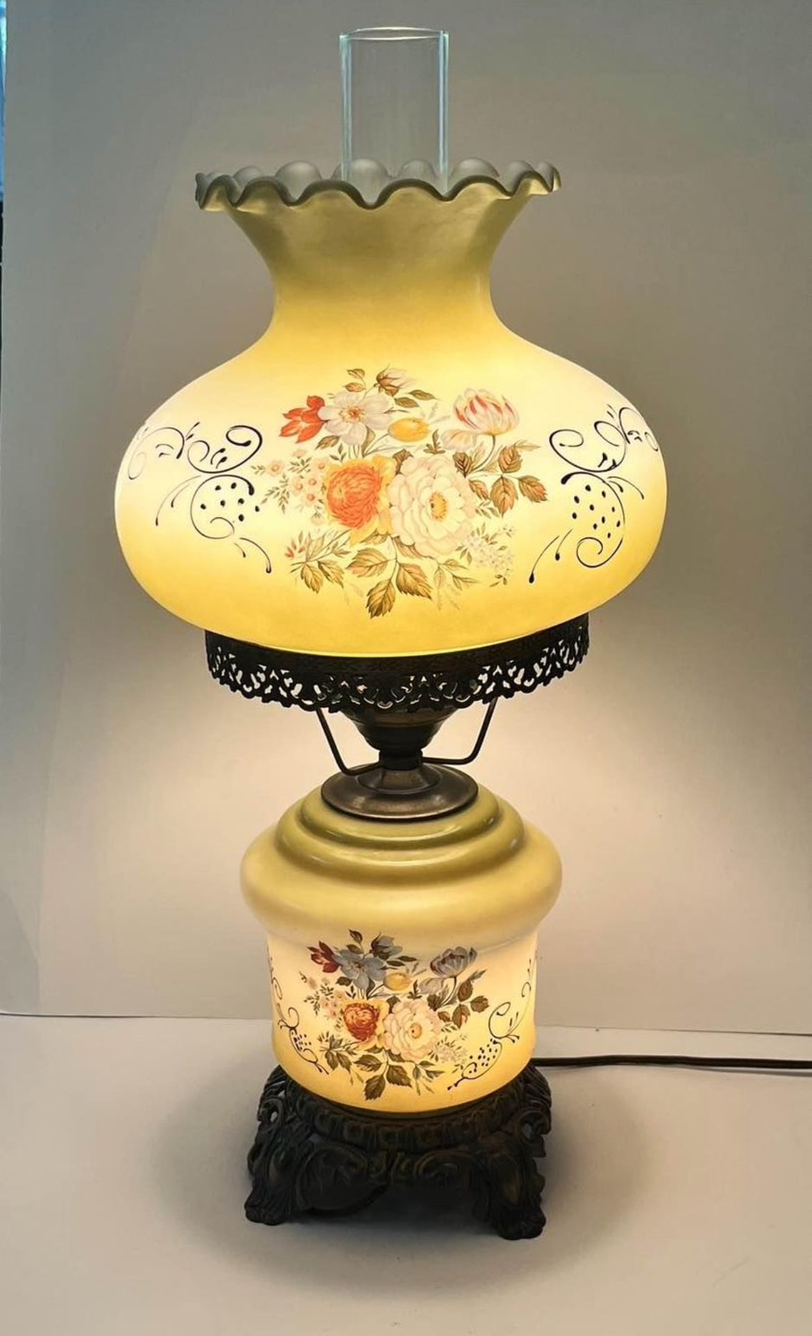 Vintage Green Floral Hurricane GWTW by Accurate Casting Green Table Lamp - Finest Antique