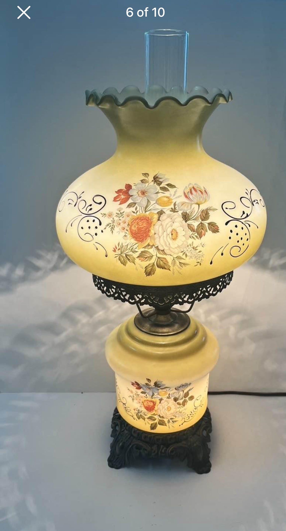 Vintage Green Floral Hurricane GWTW by Accurate Casting Green Table Lamp - Finest Antique