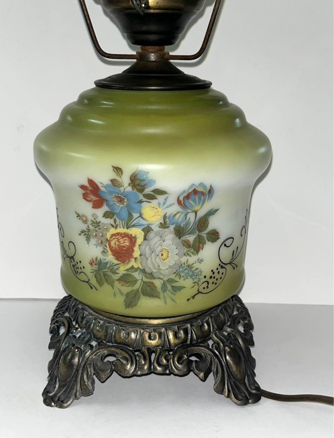 Vintage Green Floral Hurricane GWTW by Accurate Casting Green Table Lamp - Finest Antique
