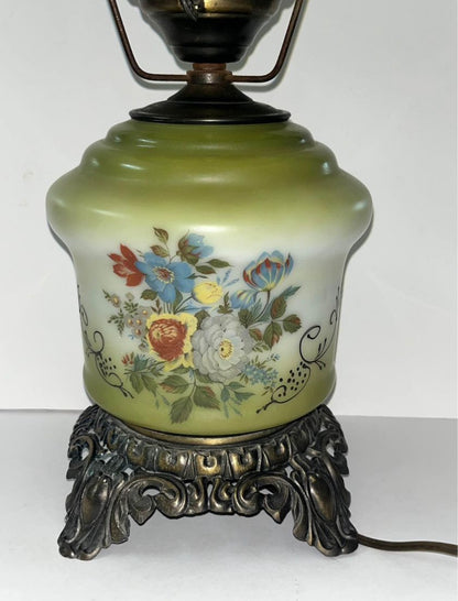 Vintage Green Floral Hurricane GWTW by Accurate Casting Green Table Lamp - Finest Antique