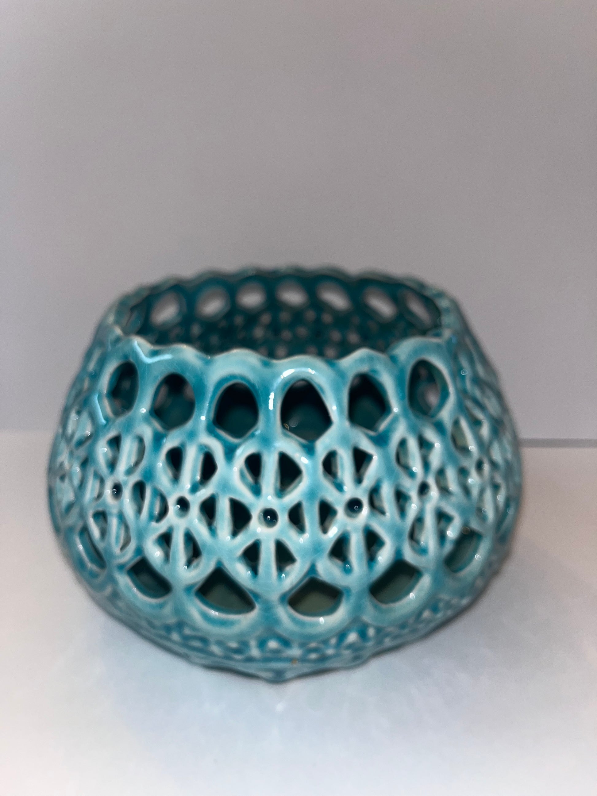 Vintage Intricate Teal Lattice Cracked Glazed Lantern Candle Holder - Finest Antique