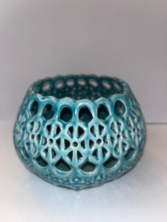 Vintage Intricate Teal Lattice Cracked Glazed Lantern Candle Holder - Finest Antique