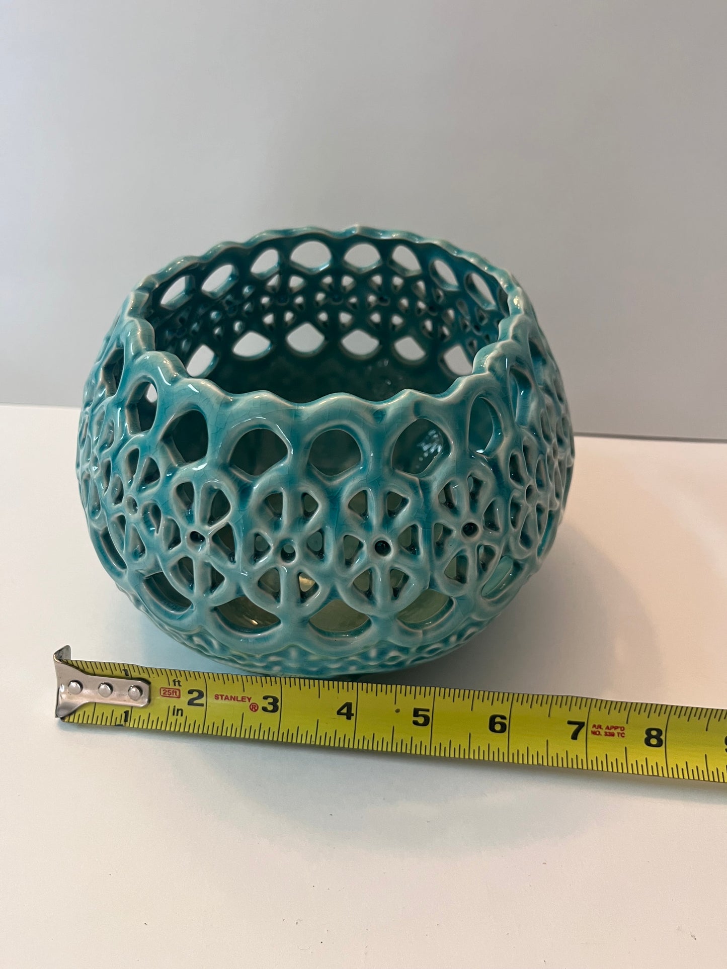 Vintage Intricate Teal Lattice Cracked Glazed Lantern Candle Holder - Finest Antique