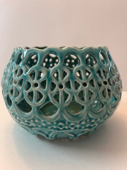 Vintage Intricate Teal Lattice Cracked Glazed Lantern Candle Holder - Finest Antique