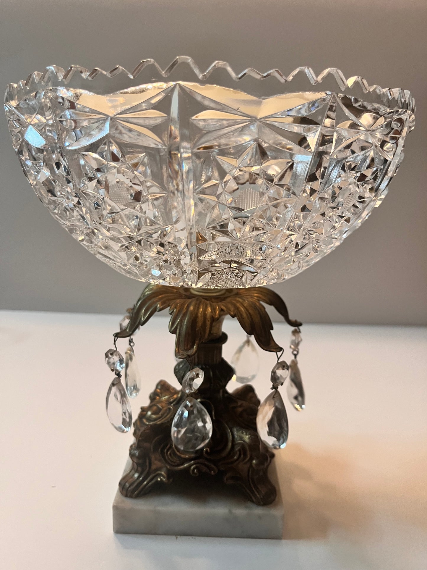 Vintage Italian Hollywood Regency Crystal Centerpiece with Marble Base and Prisms - Finest Antique