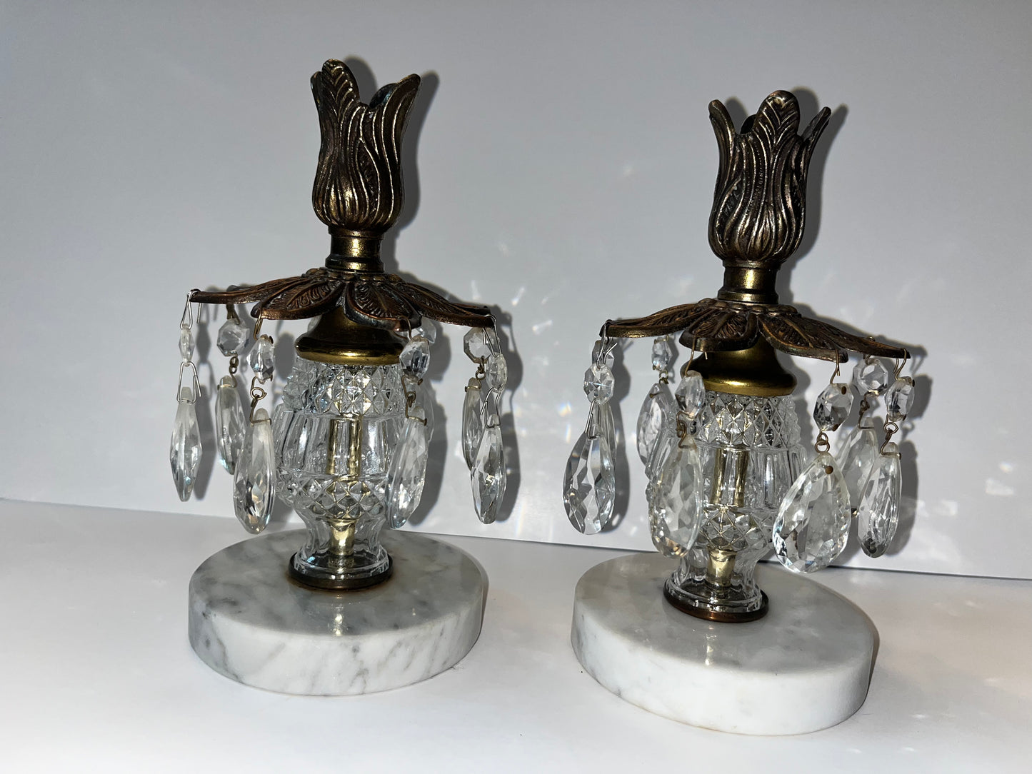 Vintage Italian Marble Brass Candle Holders with Crystal Prisms - Finest Antique