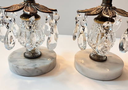 Vintage Italian Marble Brass Candle Holders with Crystal Prisms - Finest Antique